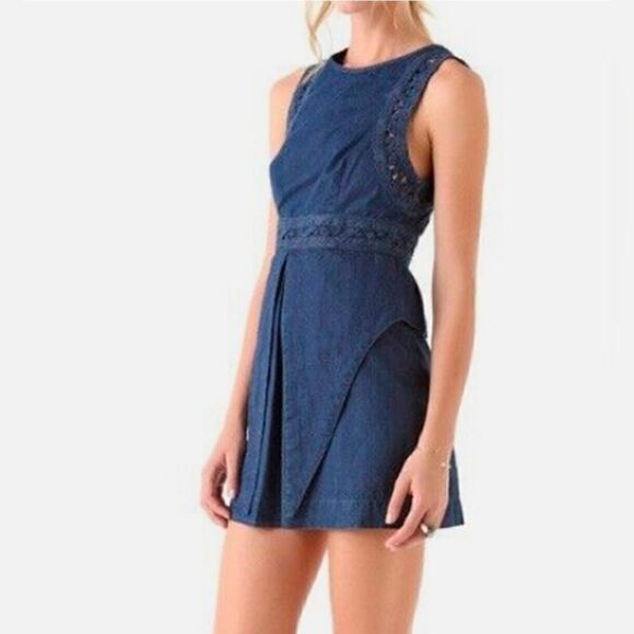 Free People x New Romantics Highland Lattice Blue Denim Mini Dress Boho | 2 - Picture 1 of 8